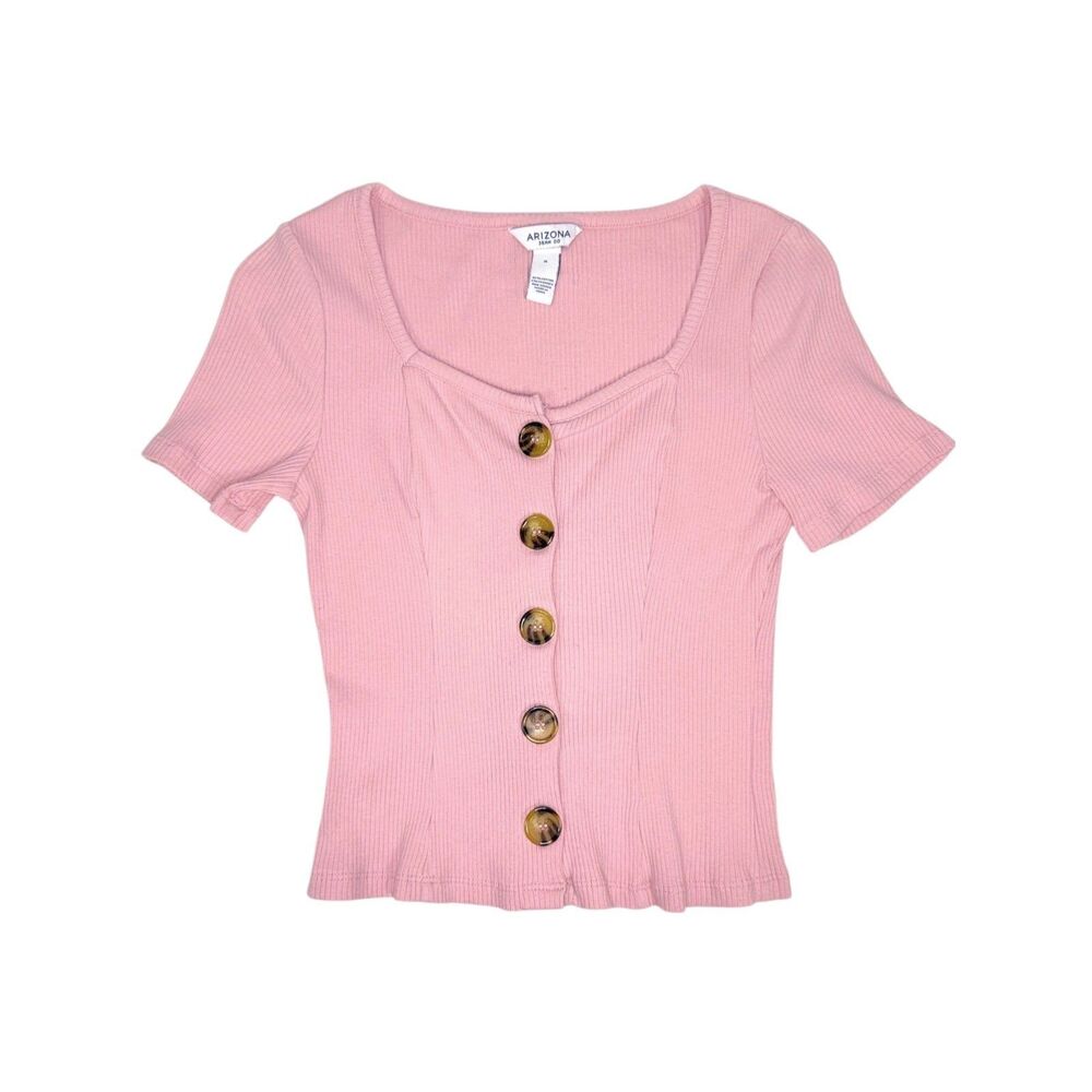 Arizona Ribbed Y2K Baby Tee Pink Short Sleeve Faux Cardigan‎ Button Coquette